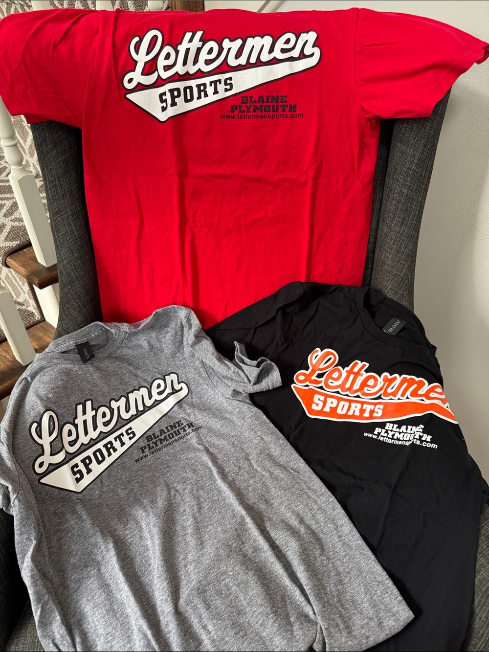3 Lettermen Sports, Gildan Softstyle Crewneck Tees, size S, black, grey, and red